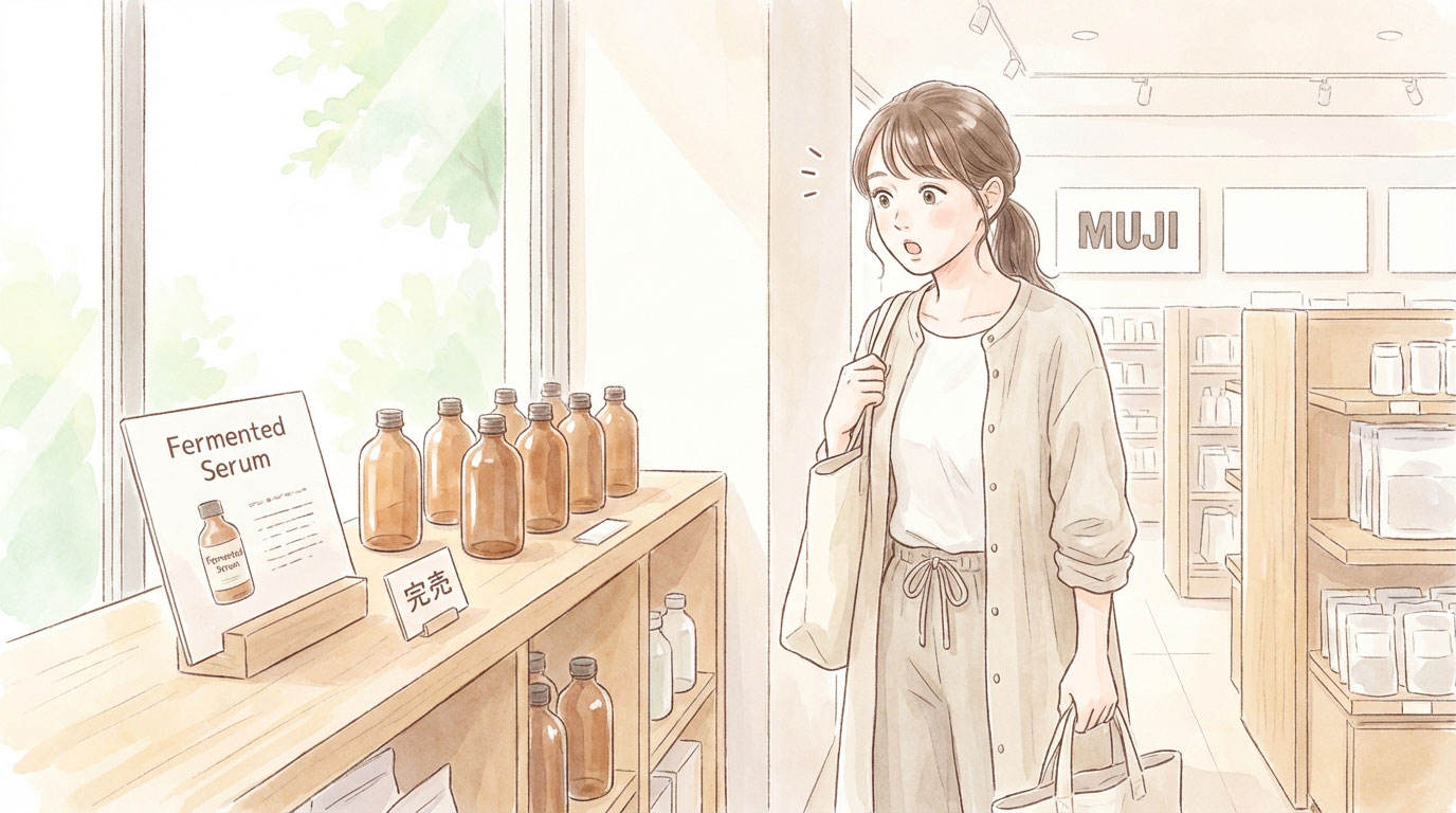 無印良品店舗で発酵導入液を発見して喜んでいる女子