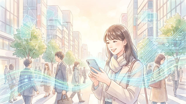 スマホを使う女性とテクノロジーの未来