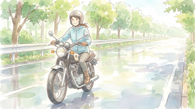 雨上がりの道路でも安心して走る女性ライダー