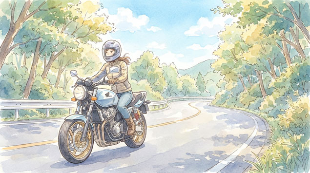 4気筒エンジンの滑らかな走りを楽しむ女性ライダー