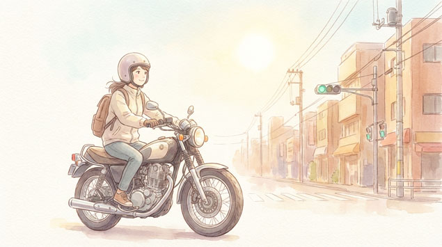 スムーズに発進する新型バイクに乗る女性