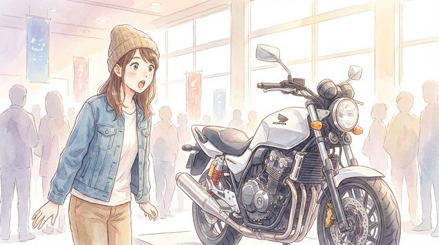 CB400SF復活が発表されたモーターサイクルショーで驚く女性