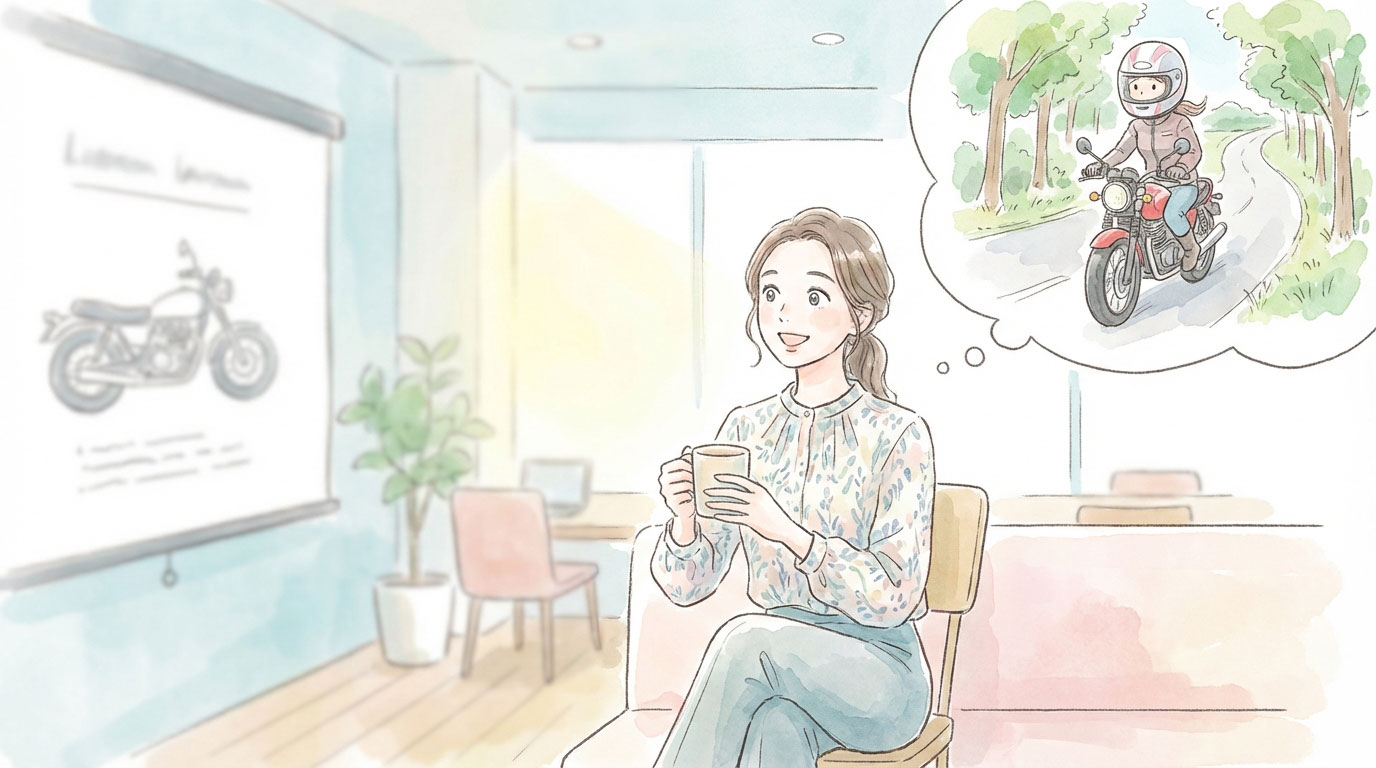 ホンダ新型「CB400 SUPER FOUR E-Clutch Conceptの発表会で目をキラキラさせながら聞き入る30代の女性 吹き出しで自分がかっこいいライダースーツを着てワインディングロードを走っている場面をイメージしている