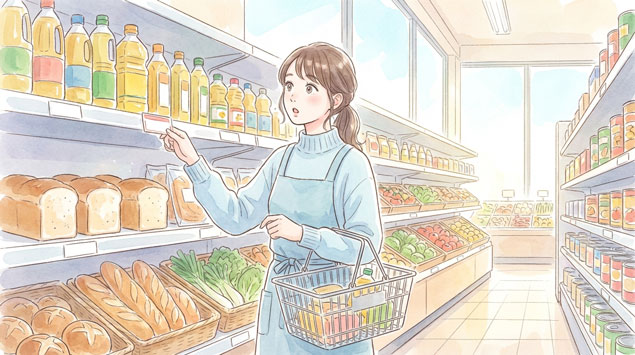 スーパーで価格を見る女性