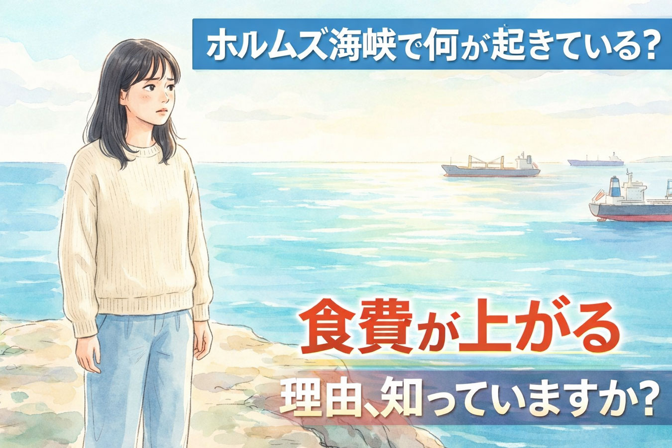 ホルムズ海峡とタンカーの様子を見つめる女性のイメージ