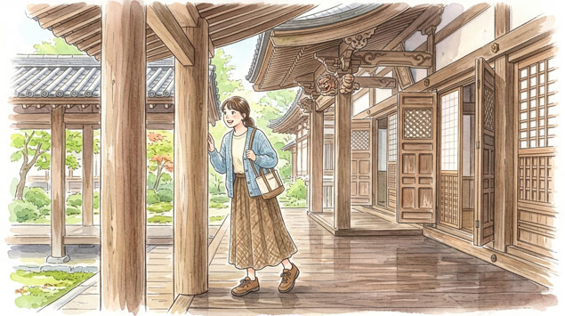 古い木造建築を見上げて文化財維持の大変さに感銘を受ける女性