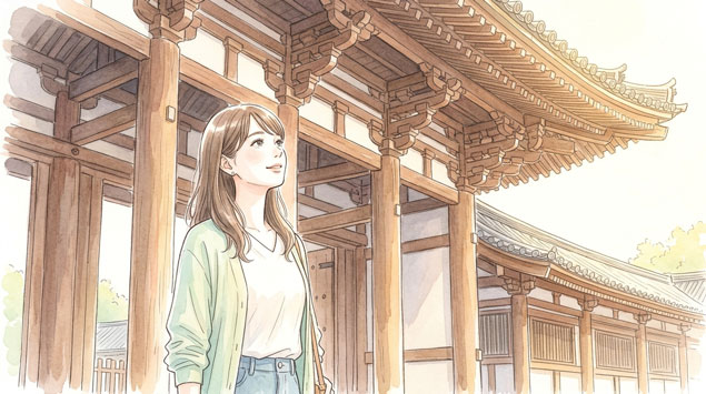 歴史あるお寺の入り口を歩きながら新しい料金について考える女性