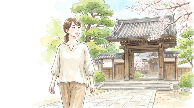 お寺の庭園を背景にこれからの家族旅行の予算について考える女性