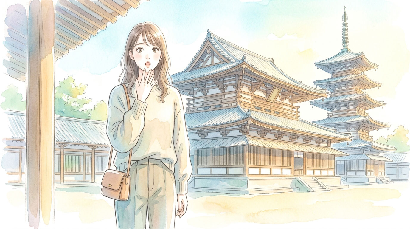 法隆寺の歴史的なお寺を訪れて拝観料が2000円なっていることに驚くカジュアルな女性