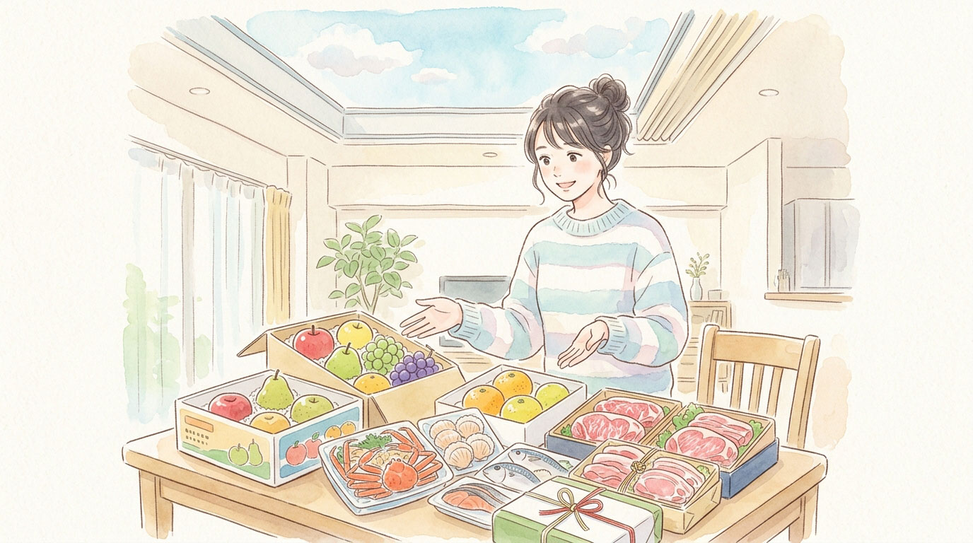 ふるさと納税返礼品がテーブルの上にズラーッと並んでいる