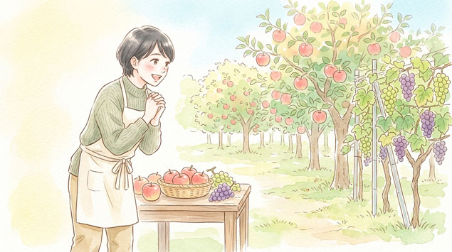 ふるさと納税の特産品であるフルーツを見て喜ぶ女性