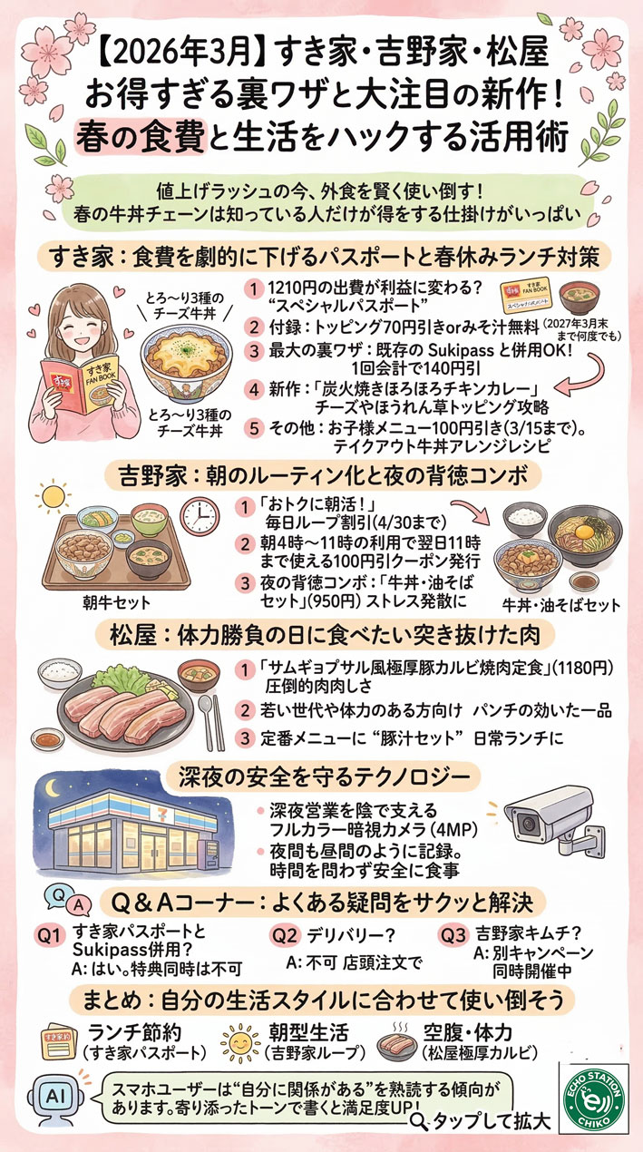 【2026年3月】すき家・吉野家・松屋の節約術と新作まとめお得すぎる裏ワザ
