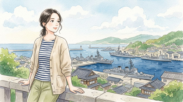 船が停泊する港町を観察する女性