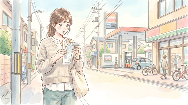 レシートを見て驚く女性とスーパーの街並み 後ろにはガソリンスタンド