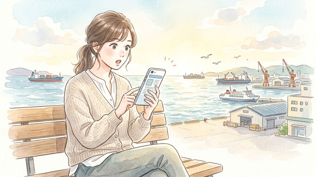 港でスマホのニュースを見て驚く女性