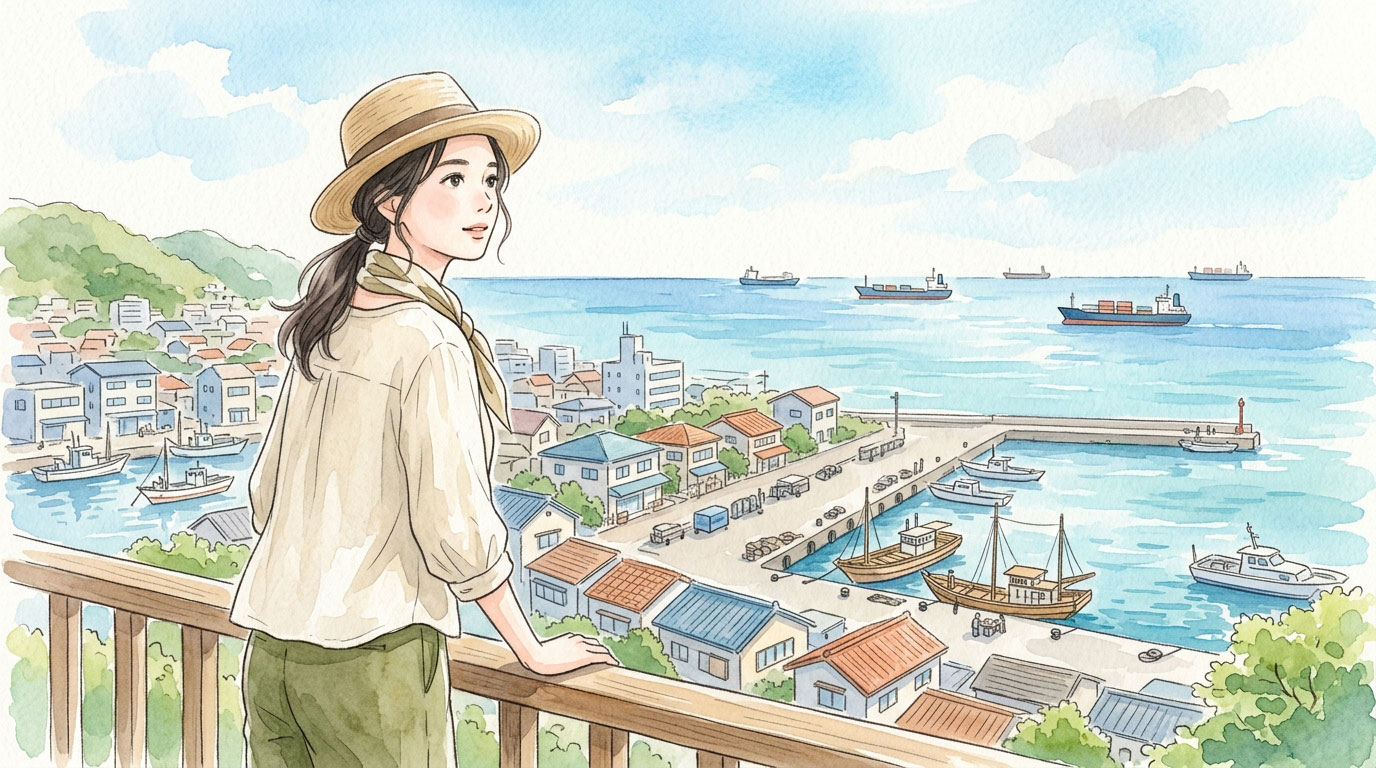 海を見つめるカジュアルな服装の女性と日本の港町の風景
