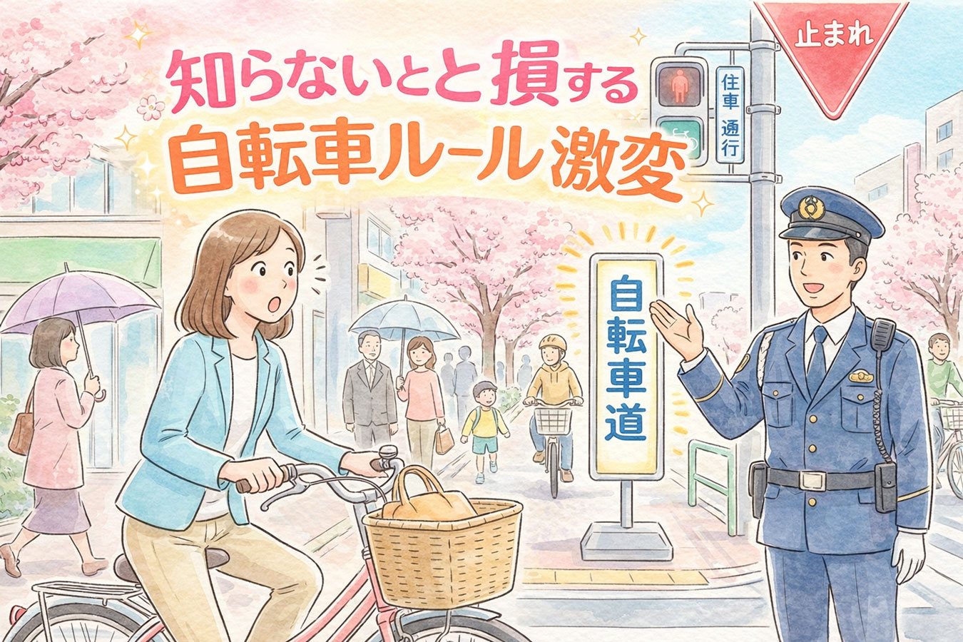 自転車の新ルールに驚く女性と街の交通環境
