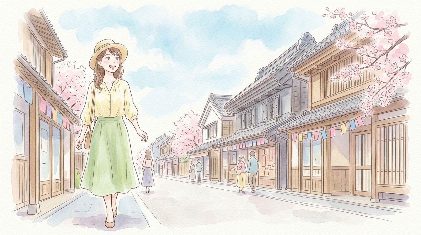 川越の蔵の街並みを歩いて観光を楽しむ女性