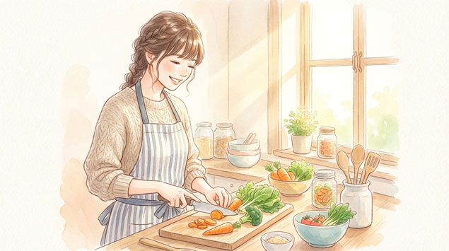 野菜から食べる食事改善をする女性