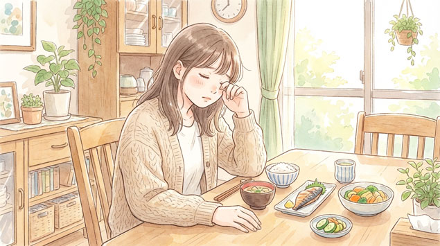 食後に眠気を感じる女性のイメージ