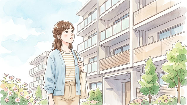 ンションを見上げる女性のイラスト