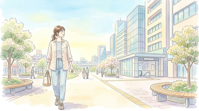 再開発された新しい駅前を歩く女性のイラスト