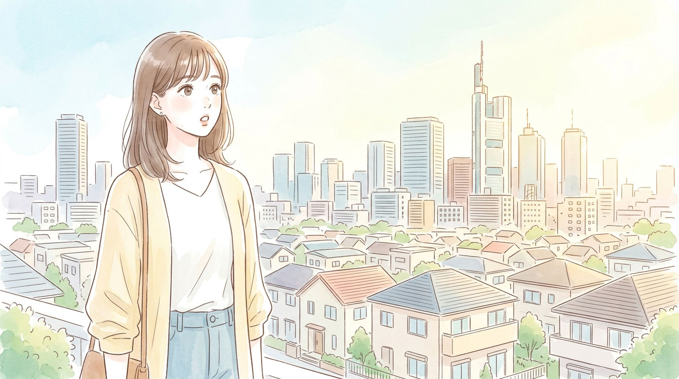 街並みを見渡して驚く女性のイラスト