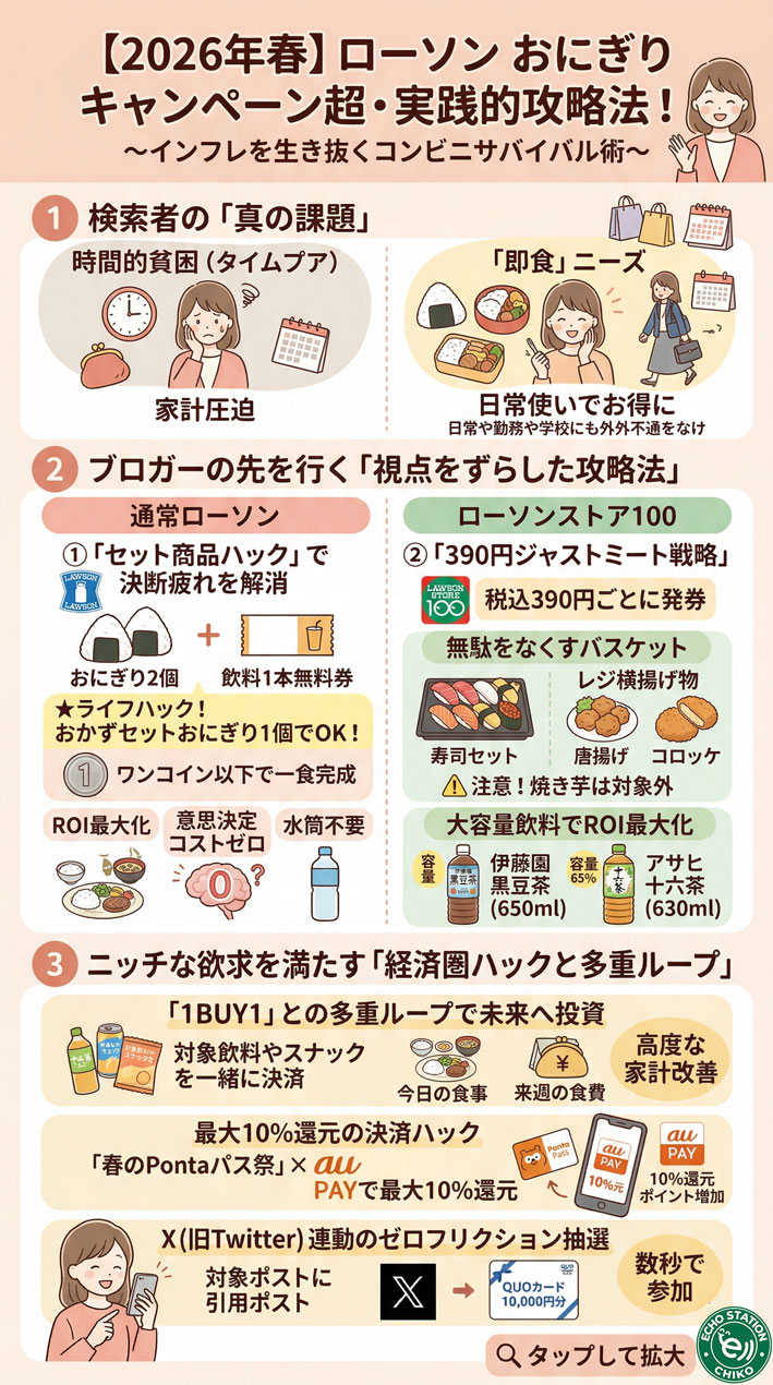 【2026年春】ローソンおにぎりキャンペーン攻略！節約×タイパ最強の買い方 インフォグラフィック