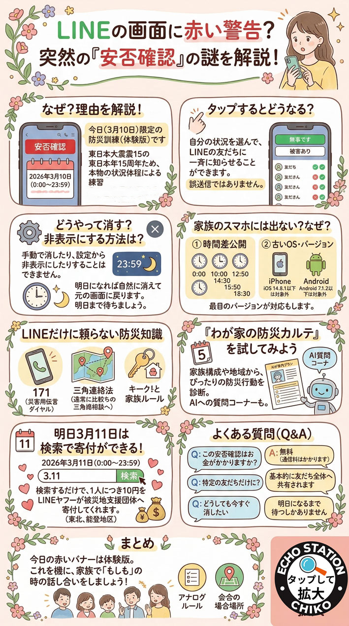 突然LINEに赤い安否確認が出た理由は？消し方や押した後を解説