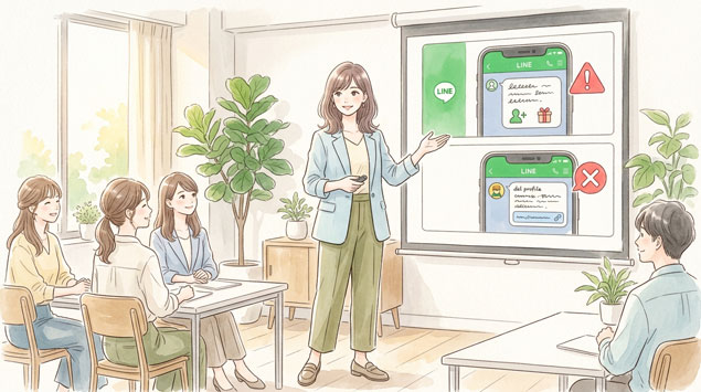 【要注意】LINEの身に覚えのないログイン通知は乗っ取り？今すぐやる対処法を説明している女性とスライド