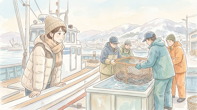 メンダコ捕獲のための深海漁の様子