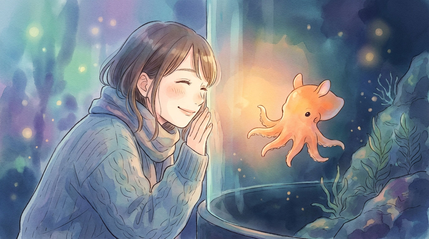 メンダコのかわいさに癒される女性