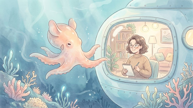 深海で泳ぐメンダコを海底探査戦が観測している様子