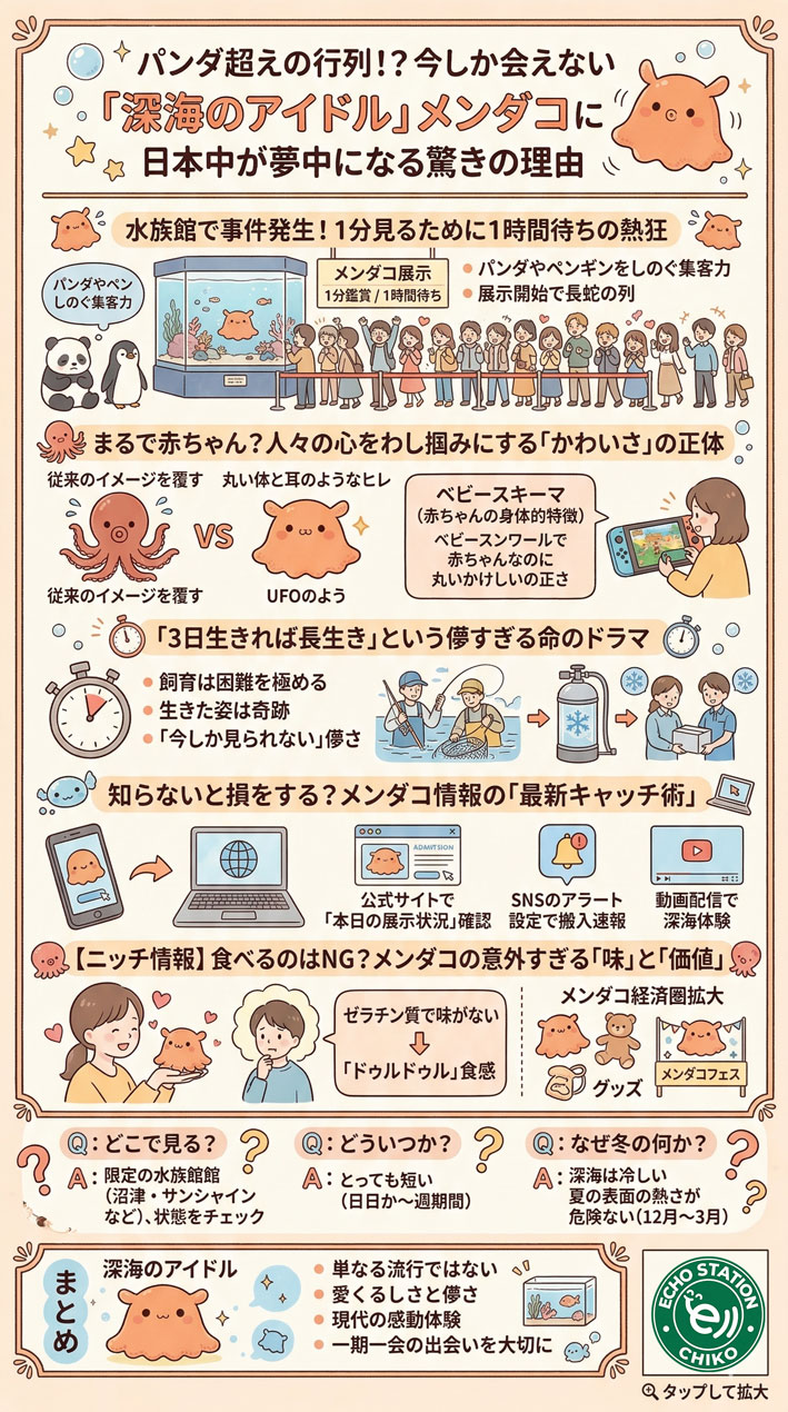 【2026最新】メンダコ大行列の理由|1分鑑賞に1時間待ちの深海アイドルの正体 インフォグラフィック