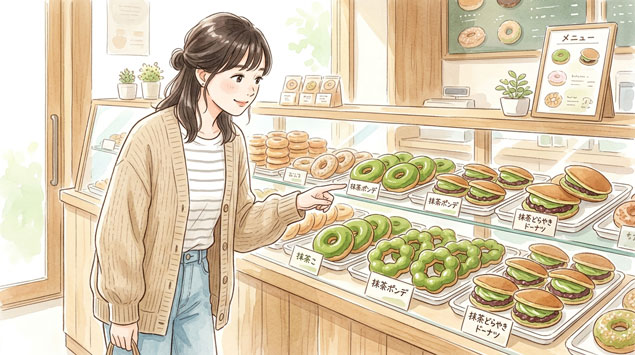 ミスド抹茶2026の販売開始にワクワクする女性