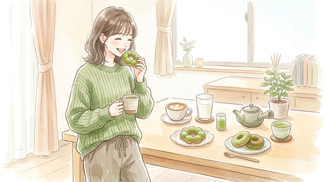 抹茶ドーナツと飲み物を楽しむ女性