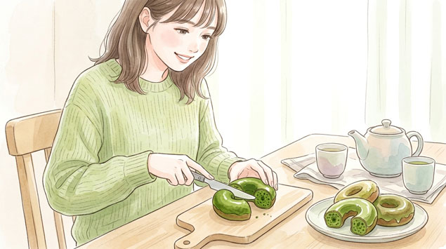 ドら抹茶を綺麗にカットする女性