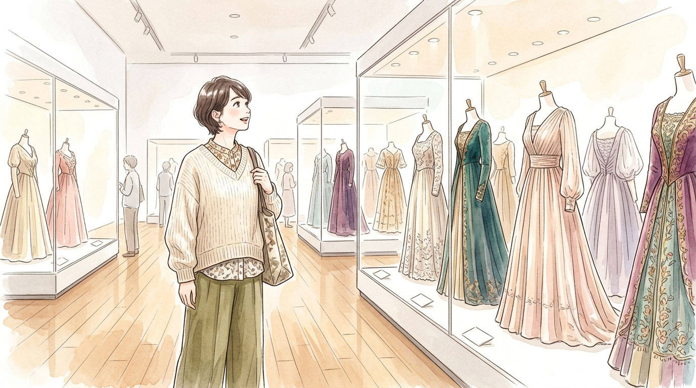 豪華なドレスの展示に見入る女性