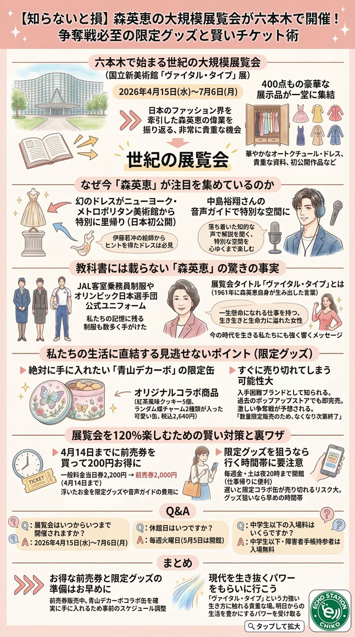 六本木の国立新美術館で開催される「森英恵」の大規模展覧会について、見どころや中島裕翔さんの音声ガイド、激戦必至の「青山デカーボ」限定コラボ缶の情報、お得な前売券の買い方など、行く前に絶対に知っておきたい賢い楽しみ方と裏ワザをわかりやすく解説します。