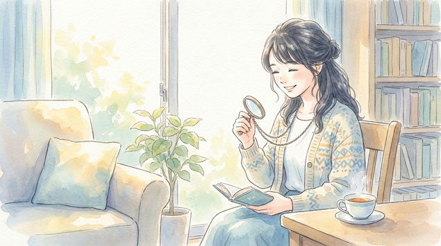 ルーペネックレスを使う女性