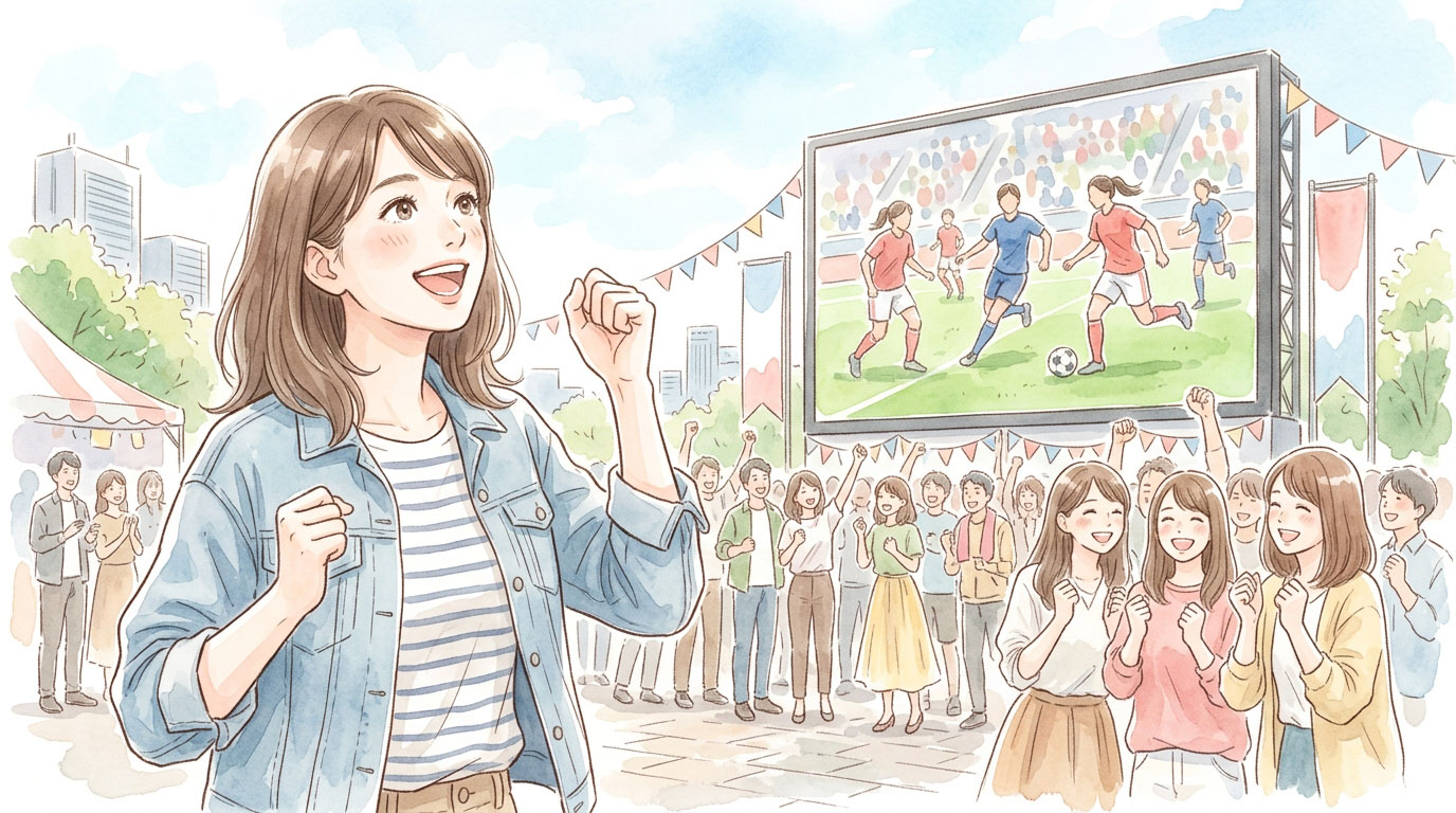 パブリックビューでなでしこJAPANをお円する30代の女性