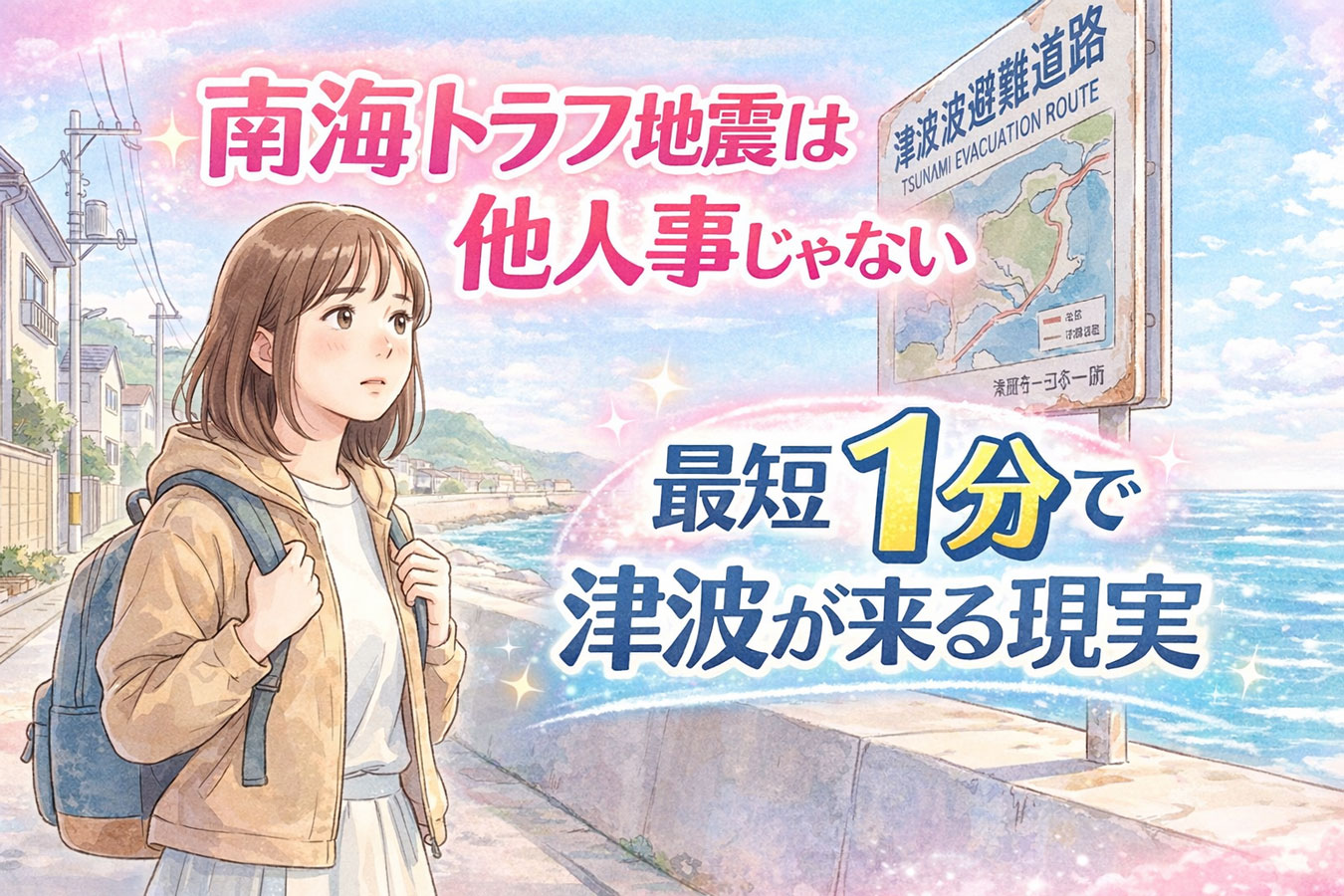南海トラフ地震を意識する海沿いの街の女性 サムネイル文字 南海トラフ地震は 他人事じゃない