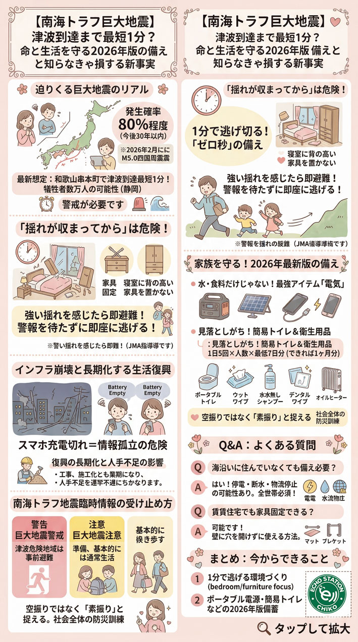 南海トラフ巨大地震に備える2026年版|最短1分の津波と命を守る準備インフォグラフィック