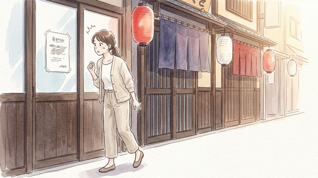 居酒屋の前を通りがかり、パブリックビューイング禁止の貼り紙を見て驚く女性