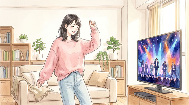 テレビでBTSのコンサートを見て、幸せそうに踊る女性