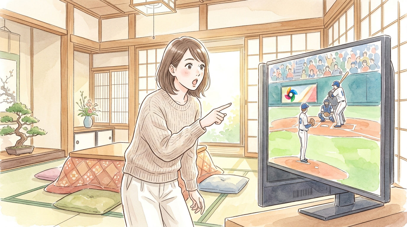 テレビでBTSのコンサートを見て、幸せそうに踊る女性