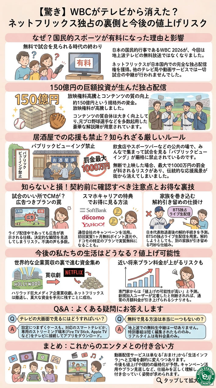 【2026最新】WBCがテレビ消滅？Netflix独占の理由と値上げリスク インフォグラフ
