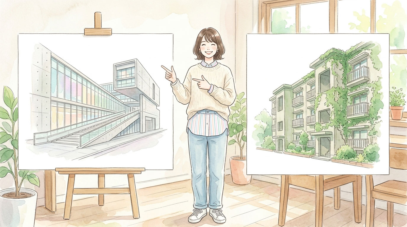 表参道と同潤会アパートの比較をしている女性