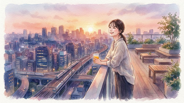 ルーフトップバーで夕焼けを見る女性