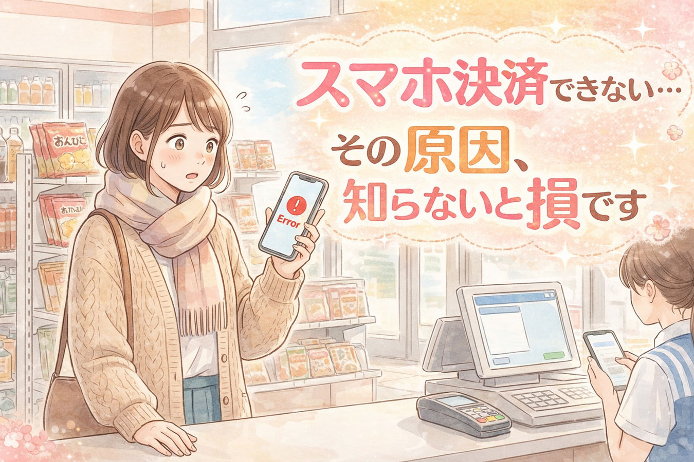 コンビニでスマホ決済ができず困る女性